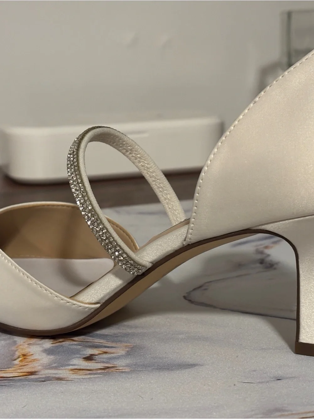 Nina Cream Satin Pointed-Toe Heels with Crystal Strap